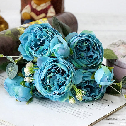 Beautiful Rose Peony Artificial Silk Flowers Small Bouquet Fores Home Party Spring Wedding Decoration Fake Flower(Blue)-garmade.com