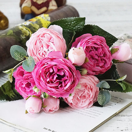 Beautiful Rose Peony Artificial Silk Flowers Small Bouquet Fores Home Party Spring Wedding Decoration Fake Flower(Pink and dark pink)-garmade.com