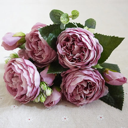 Beautiful Rose Peony Artificial Silk Flowers Small Bouquet Fores Home Party Spring Wedding Decoration Fake Flower(Purple)-garmade.com