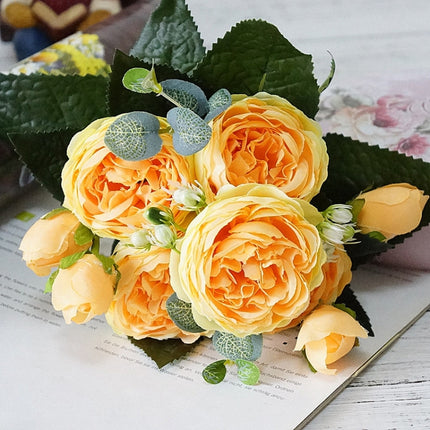 Beautiful Rose Peony Artificial Silk Flowers Small Bouquet Fores Home Party Spring Wedding Decoration Fake Flower(Orange)-garmade.com