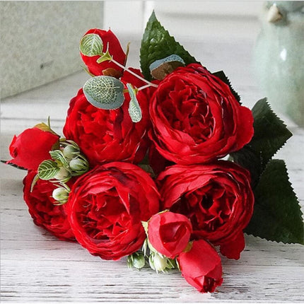 Beautiful Rose Peony Artificial Silk Flowers Small Bouquet Fores Home Party Spring Wedding Decoration Fake Flower(Red)-garmade.com