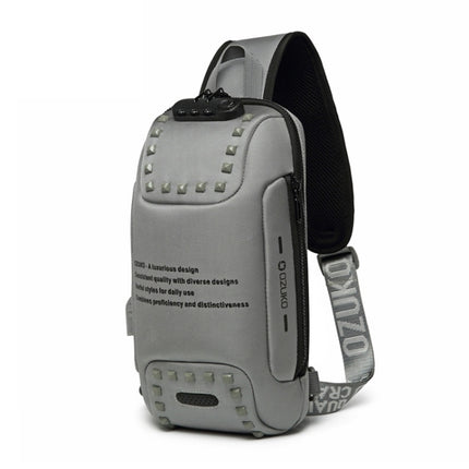 Ozuko 9283 Men Outdoor Anti-theft Chest Bag Rivet Messenger Bag with External USB Charging Port(Dark Gray)-garmade.com