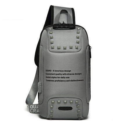 Ozuko 9283 Men Outdoor Anti-theft Chest Bag Rivet Messenger Bag with External USB Charging Port(Dark Gray)-garmade.com
