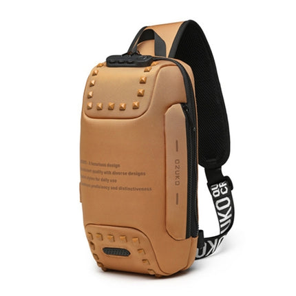 Ozuko 9283 Men Outdoor Anti-theft Chest Bag Rivet Messenger Bag with External USB Charging Port(Brown)-garmade.com