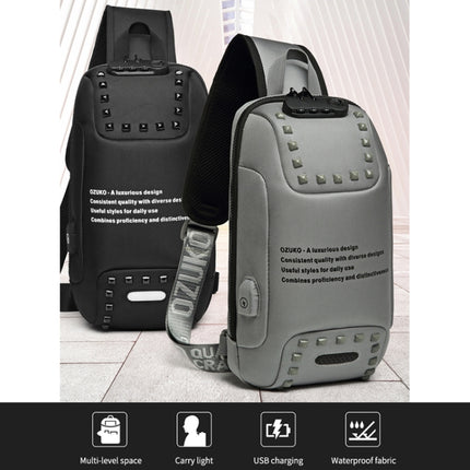 Ozuko 9283 Men Outdoor Anti-theft Chest Bag Rivet Messenger Bag with External USB Charging Port(Brown)-garmade.com