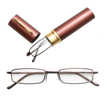 Reading Glasses Metal Spring Foot Portable Presbyopic Glasses with Tube Case +1.50D(Brown )-garmade.com