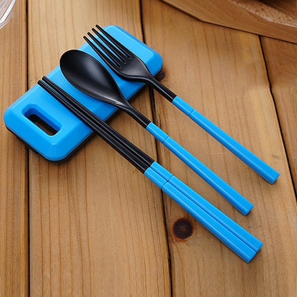 3 in 1 ABS Folding Dinnerware Cutlery Fork Chopsticks Set with Storage Box Outdoor Camping Hiking Traveling Tableware Set(Blue)-garmade.com