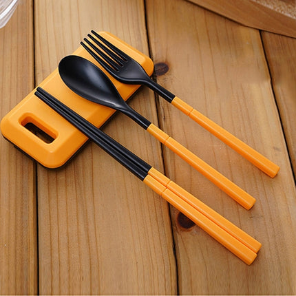 3 in 1 ABS Folding Dinnerware Cutlery Fork Chopsticks Set with Storage Box Outdoor Camping Hiking Traveling Tableware Set(Orange)-garmade.com