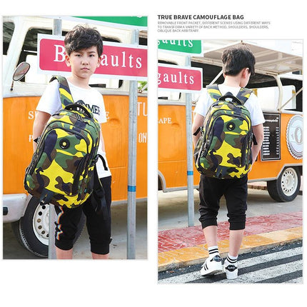 Camouflage Waterproof Nylon School Bags for Girls Boys Children Backpack Orthopedic Kids Bag, Size:L(Orange)-garmade.com