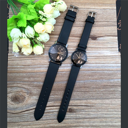Couple Back View Pattern Leather Strap Quartz Watch(Black for Woman)-garmade.com