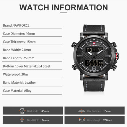 NAVIFORCE 9135 Sport Watch Leather Waterproof Quartz Watches Date LED Analog Clock for Men-garmade.com