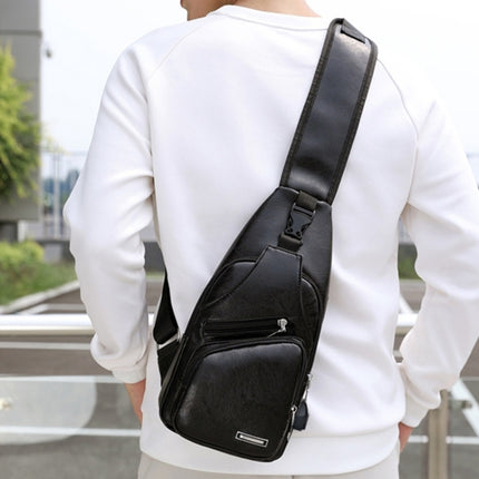 Waterproof Leisure PU Leather Single Shoulder Bag Men Chest Bag with USB Charging Port and Headphone Hole(Black)-garmade.com