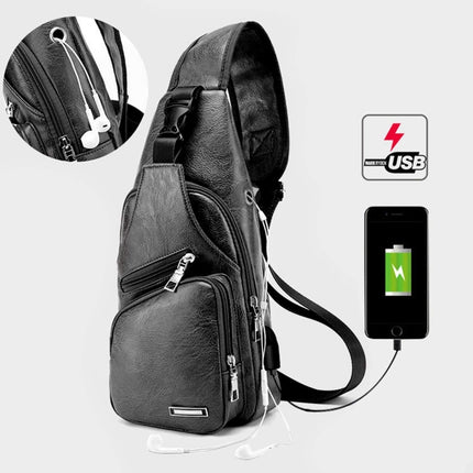 Waterproof Leisure PU Leather Single Shoulder Bag Men Chest Bag with USB Charging Port and Headphone Hole(Black)-garmade.com