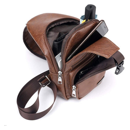 Waterproof Leisure PU Leather Single Shoulder Bag Men Chest Bag with USB Charging Port and Headphone Hole(Light Brown)-garmade.com