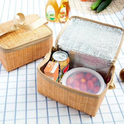 Outdoor Camping Picnic Bag Wicker Picnic Basket Case Thermal Lunch Storage Box(Khaki)-garmade.com