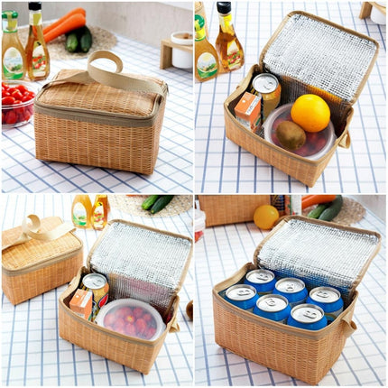 Outdoor Camping Picnic Bag Wicker Picnic Basket Case Thermal Lunch Storage Box(Khaki)-garmade.com