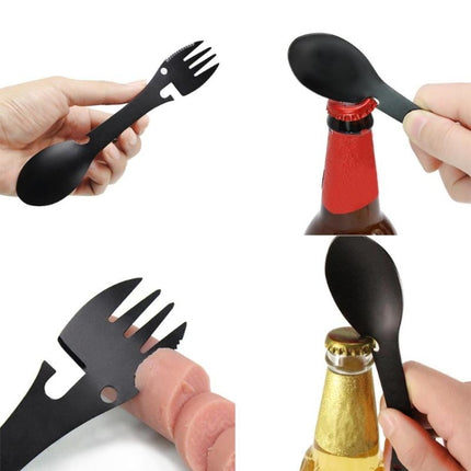 2 PCS 5 in 1 Multi-functional Outdoor Tools Stainless Steel Camping Survival EDC Kit Practical Fork Knife Spoon Bottle/Can Opener(Black)-garmade.com