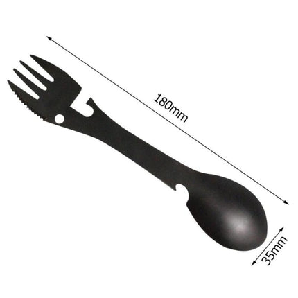 2 PCS 5 in 1 Multi-functional Outdoor Tools Stainless Steel Camping Survival EDC Kit Practical Fork Knife Spoon Bottle/Can Opener(Black)-garmade.com