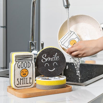 4 PCS/Set Cartoon Smiley Dishwashing Sponge Wipe Kitchen Double-sided Scouring Pad, Style:Sponge Wipe-garmade.com