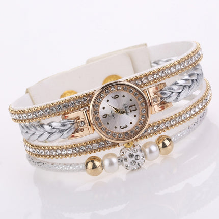 Duoya D249 Woven Twisted Pearls Round Analog Quartz Wrist Bracelet Watch for Ladies(White)-garmade.com