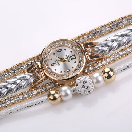 Duoya D249 Woven Twisted Pearls Round Analog Quartz Wrist Bracelet Watch for Ladies(White)-garmade.com