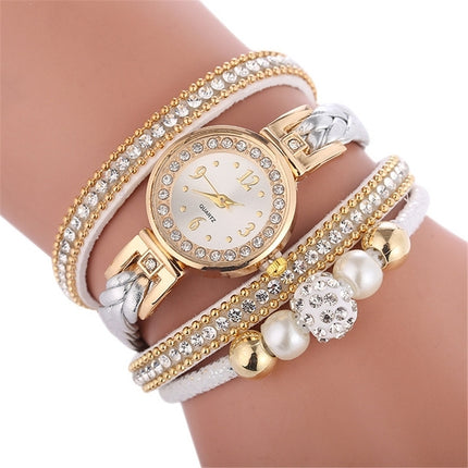 Duoya D249 Woven Twisted Pearls Round Analog Quartz Wrist Bracelet Watch for Ladies(White)-garmade.com