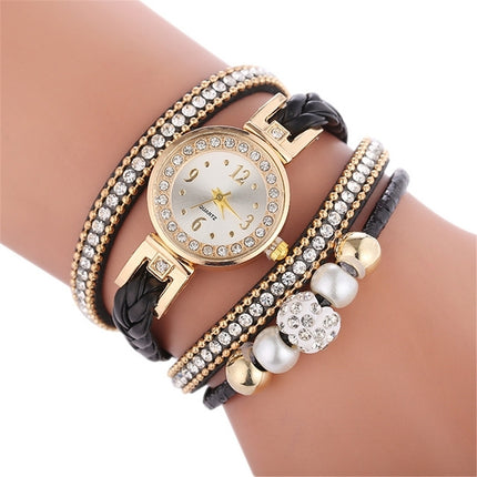 Duoya D249 Woven Twisted Pearls Round Analog Quartz Wrist Bracelet Watch for Ladies(Black)-garmade.com