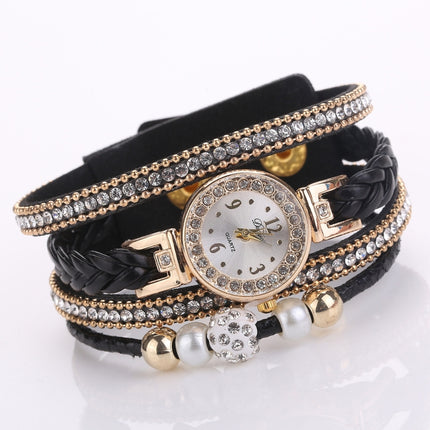 Duoya D249 Woven Twisted Pearls Round Analog Quartz Wrist Bracelet Watch for Ladies(Black)-garmade.com