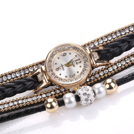 Duoya D249 Woven Twisted Pearls Round Analog Quartz Wrist Bracelet Watch for Ladies(Black)-garmade.com