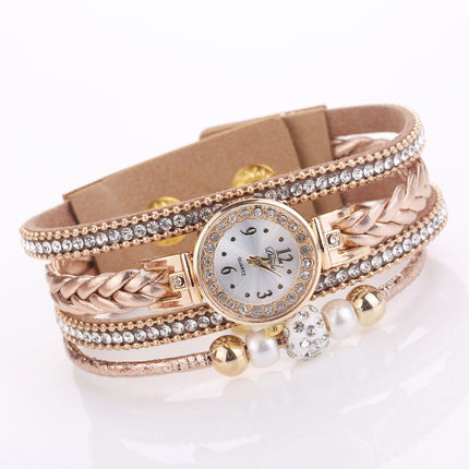 Duoya D249 Woven Twisted Pearls Round Analog Quartz Wrist Bracelet Watch for Ladies(Beige)-garmade.com