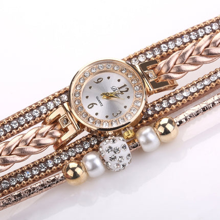 Duoya D249 Woven Twisted Pearls Round Analog Quartz Wrist Bracelet Watch for Ladies(Beige)-garmade.com