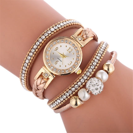 Duoya D249 Woven Twisted Pearls Round Analog Quartz Wrist Bracelet Watch for Ladies(Beige)-garmade.com