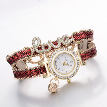 Alloy Diamond Love Letter Bracelet Watch for Women(Rose red)-garmade.com