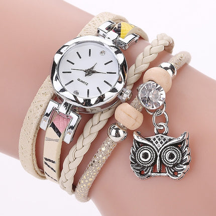 2 PCS Ladies Small Dial Circle Owl Pendant Bracelet Watch(Milk White)-garmade.com