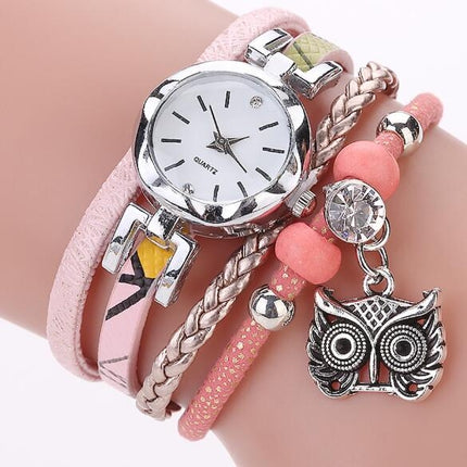 2 PCS Ladies Small Dial Circle Owl Pendant Bracelet Watch(Pink)-garmade.com