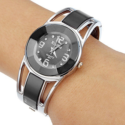XinHua Women Diamond Mirror Surface Hollow Stainless Steel Bracelet Quartz Watch(Black)-garmade.com