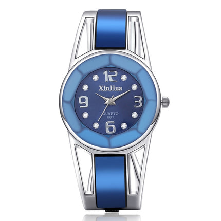 XinHua Women Diamond Mirror Surface Hollow Stainless Steel Bracelet Quartz Watch(Blue)-garmade.com