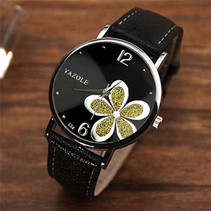 YAZOLE Ladies OL Style Four-leaf Clover Pattern Quartz Watch(338 black plate silver flower black belt)-garmade.com