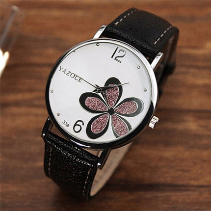 YAZOLE Ladies OL Style Four-leaf Clover Pattern Quartz Watch(338 white plate gold flower black belt)-garmade.com