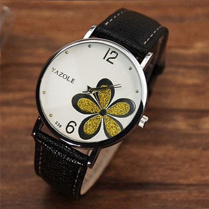YAZOLE Ladies OL Style Four-leaf Clover Pattern Quartz Watch(338 white plate gold flower black belt)-garmade.com