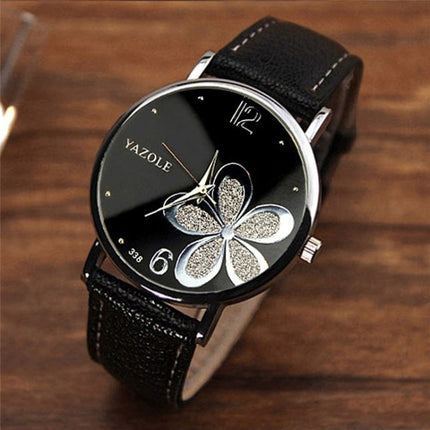 YAZOLE Ladies OL Style Four-leaf Clover Pattern Quartz Watch(338 white plate purple flower black belt)-garmade.com