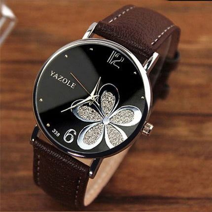 YAZOLE Ladies OL Style Four-leaf Clover Pattern Quartz Watch(338 black plate gold flower brown belt)-garmade.com