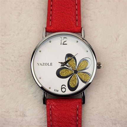 YAZOLE Ladies OL Style Four-leaf Clover Pattern Quartz Watch(338 black plate silver flower brown belt )-garmade.com