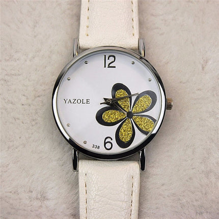 YAZOLE Ladies OL Style Four-leaf Clover Pattern Quartz Watch(338 white plate golden flower leucorrhea)-garmade.com