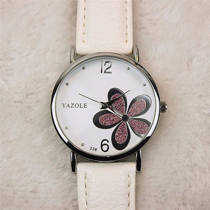 YAZOLE Ladies OL Style Four-leaf Clover Pattern Quartz Watch(338 white plate purple flower leucorrhea)-garmade.com