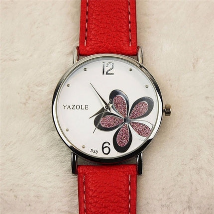 YAZOLE Ladies OL Style Four-leaf Clover Pattern Quartz Watch(338 white plate purple flower red belt)-garmade.com