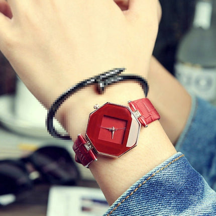 Gem Cut Geometry Crystal Leather Quartz Wristwatch Fashion Watch for Ladies(Red)-garmade.com