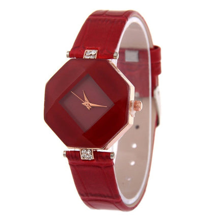 Gem Cut Geometry Crystal Leather Quartz Wristwatch Fashion Watch for Ladies(Red)-garmade.com