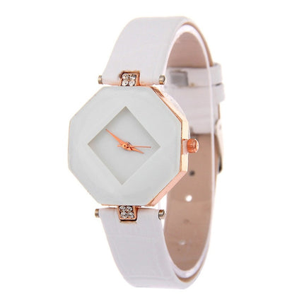 Gem Cut Geometry Crystal Leather Quartz Wristwatch Fashion Watch for Ladies(WHITE)-garmade.com
