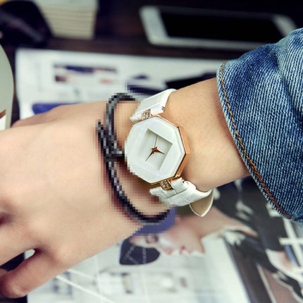 Gem Cut Geometry Crystal Leather Quartz Wristwatch Fashion Watch for Ladies(WHITE)-garmade.com